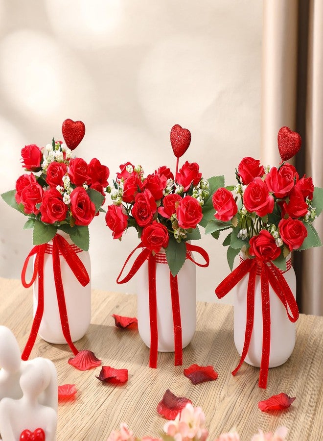 Knitgrip 3 Pcs Valentines Day Mason Jar Floral Table Centerpiece Red Rose Table Decoration Tiered Tray Decor with Artificial Plant Gift for Women Valentines Anniversary Wedding Housewarming Home Kitchen - Image 1